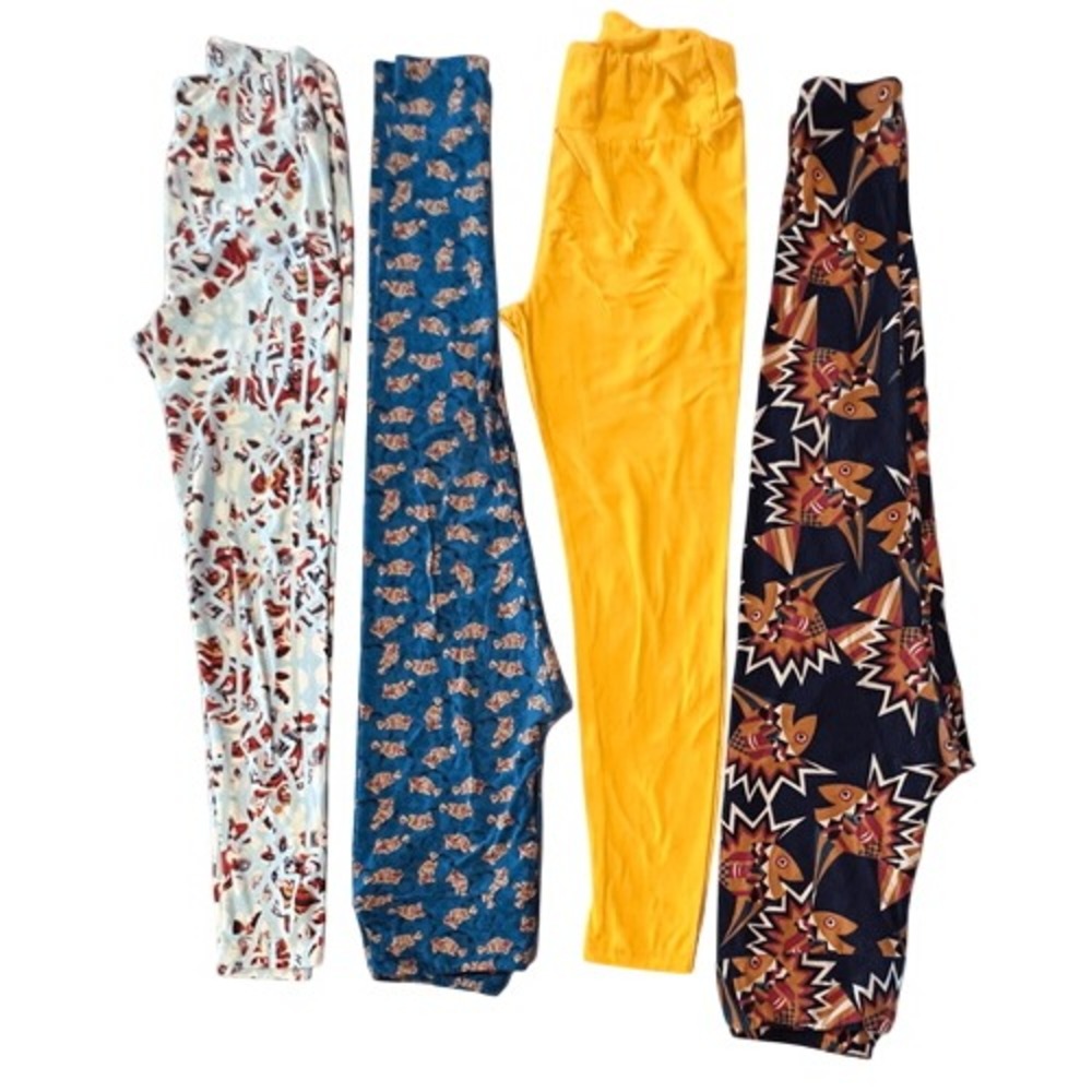 LuLaRoe (4) Lot One‎ Size Leggings Fish Yellow Geometric Fun Colorful Fits 2-10